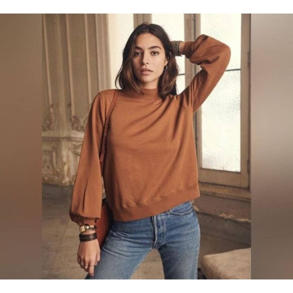 Sezane Sidonie Mock Neck Organic Cotton Jumper Sweater Chocolate Brown XS